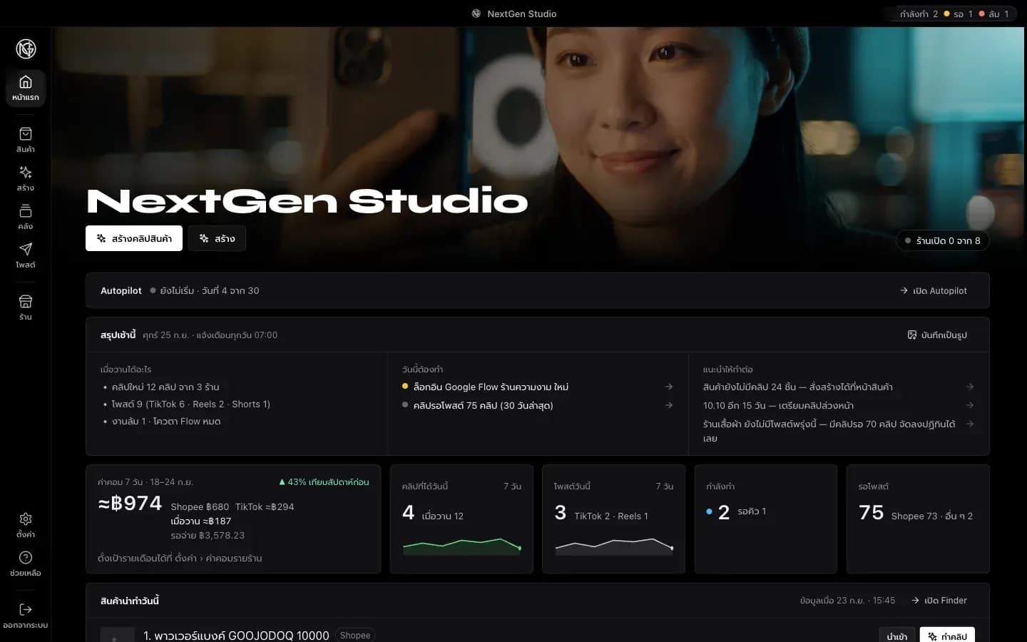หน้าแรกของ NextGen Studio — ปุ่มสร้างคลิปสินค้า แถว Autopilot การ์ดสรุปเช้านี้ และตัวเลขค่าคอม คลิป โพสต์ของวันนี้