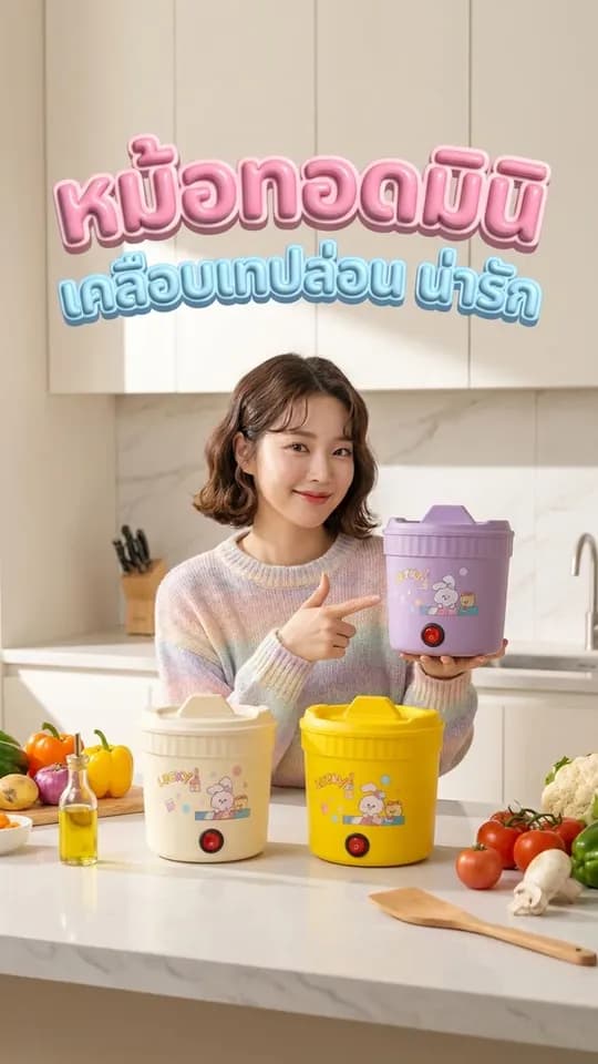 ผู้หญิงถือหม้อทอดมินิสีพาสเทลในครัว