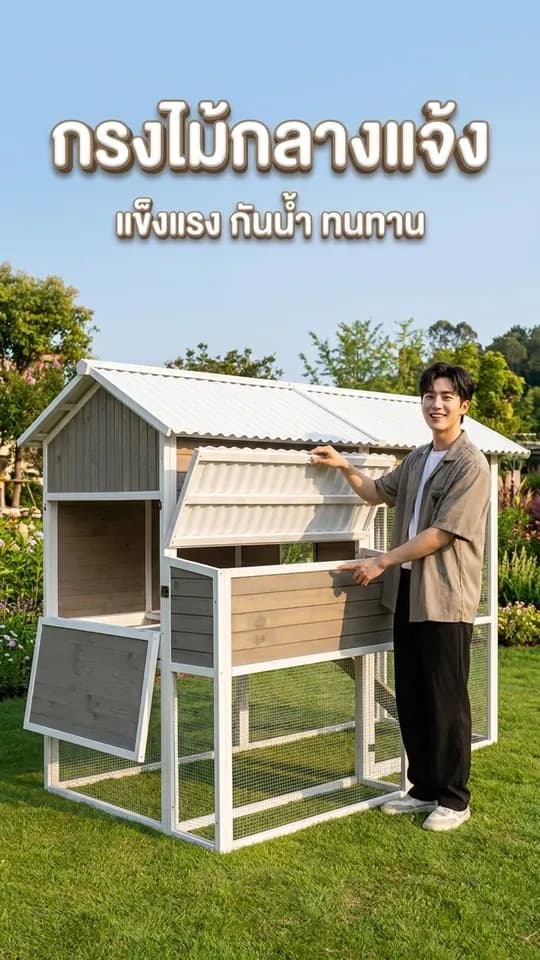 ชายยืนข้างกรงไม้กลางแจ้งบนสนามหญ้า