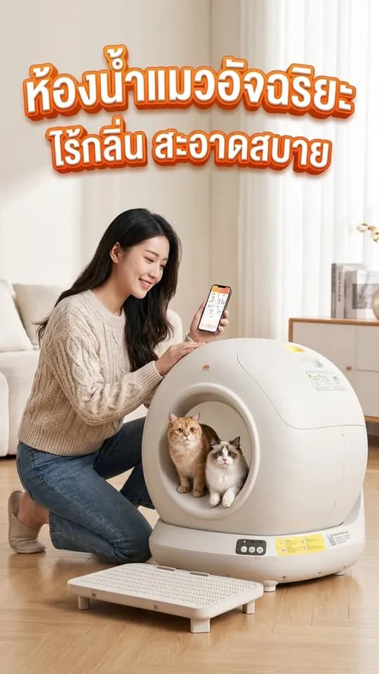 ผู้หญิงกับแมวสองตัวข้างห้องน้ำแมวอัตโนมัติ